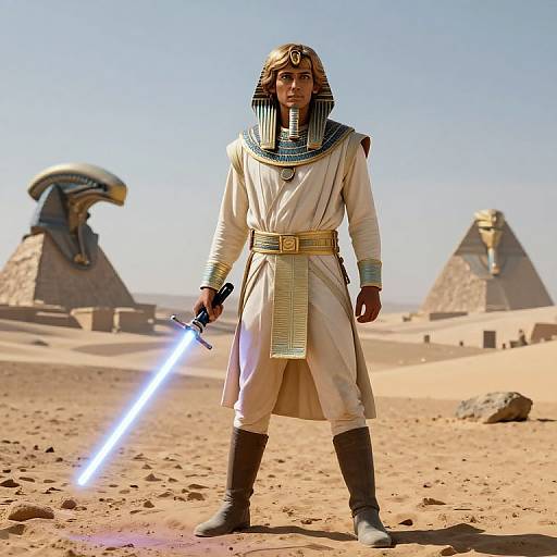 Photograph of a young man in ancient Egyptian-inspired white robes with blue stripes, holding a glowing lightsaber, standing in a desert with pyramids and