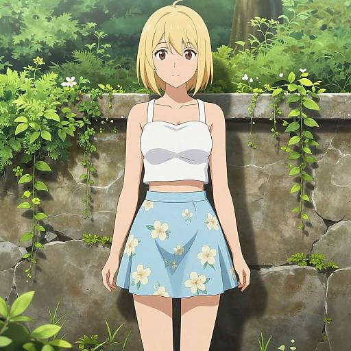 Anime-style digital drawing of a blonde girl with short hair, wearing a white crop top and blue floral skirt, standing in front of a moss-covered stone
