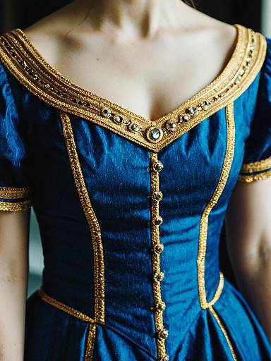 Close-Up Woman in Blue Gold Dress