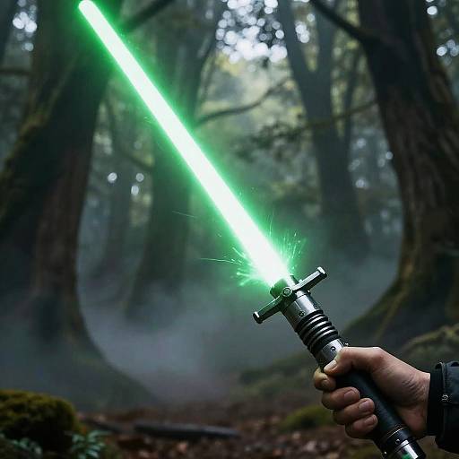Photograph of a hand holding a green lightsaber emitting bright light, in a misty, dark forest with tall trees.