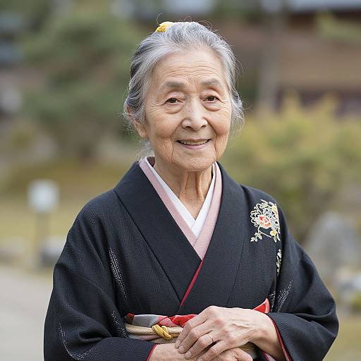 Photograph of an elderly Japanese woman with gray hair, smiling, wearing a black kimono with white floral embroidery, red obi, and yellow hair