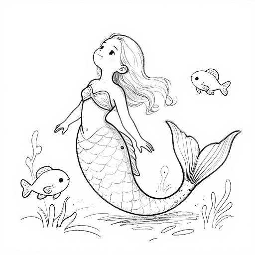 Black-and-white line drawing of a mermaid with flowing hair, fish tail, and two small fish, swimming underwater with seaweed.