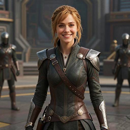 Photorealistic digital image of a smiling, blonde, fair-skinned woman in medieval-style leather armor with metal shoulder plates, standing outdoors in front of