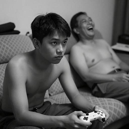 Two Shirtless Asian Men Playing Video Game