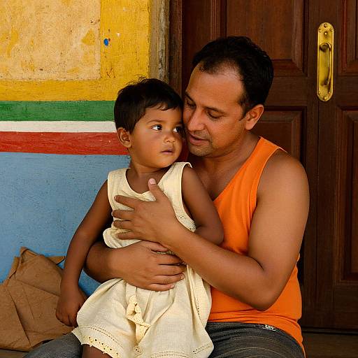 Photograph of a loving father in an orange tank top, hugging his young son in a white sleeveless dress, seated against a colorful, painted