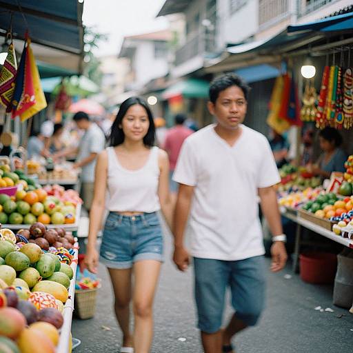 Photograph of an Asian couple walking through a vibrant, bustling outdoor market; woman in white tank top and denim shorts, man in white t-shirt and