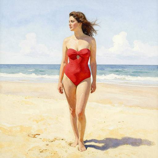 Photograph of a curvy, fair-skinned woman with brown hair, wearing a red strapless swimsuit, walking on a sunny, sandy beach