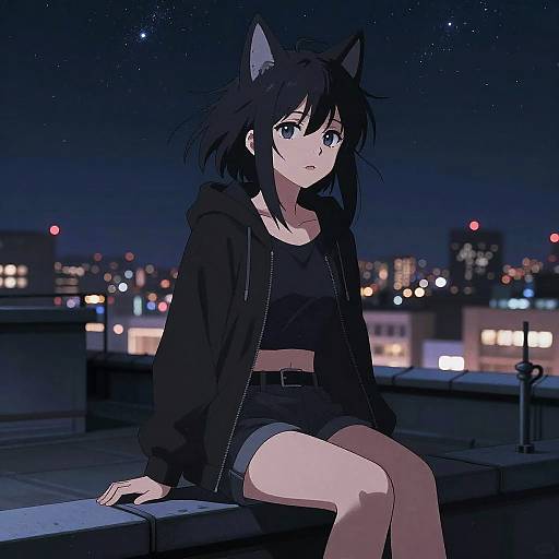 Anime Girl on Starry Rooftop