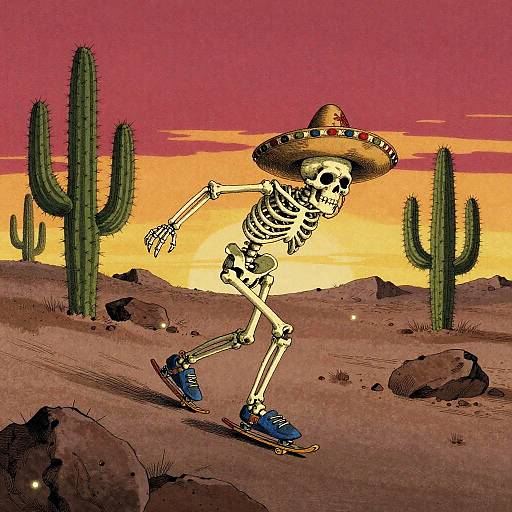Pixel art of a skeleton in a sombrero skateboarding in a desert with cacti, sunset sky, and rocks. Vibrant colors.
