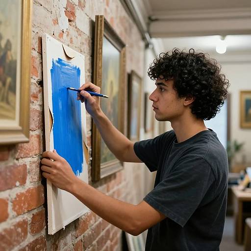 Photograph of a young man with curly hair painting a bold blue rectangle on a brick wall in an art studio.