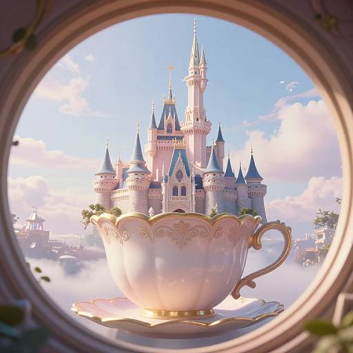 Photograph of a whimsical castle through a decorative white teacup window, with blue sky and fluffy clouds in the background.