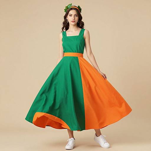 Stylish Woman in Layered Green and Orange Outfit