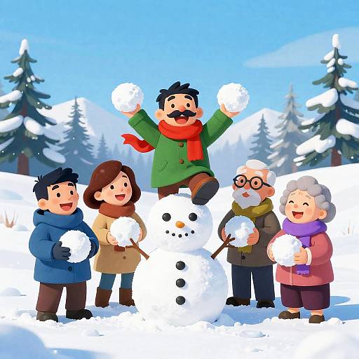 Joyful Winter Scene with Snowman Builders