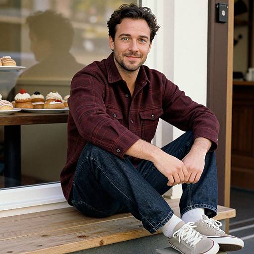 Photograph of a smiling, dark-haired man with a beard, wearing a burgundy plaid shirt, dark jeans, and white sneakers, sitting on