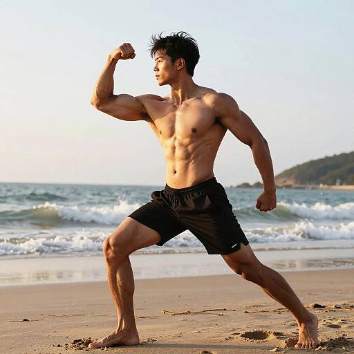 Muscular Man Posing on Beach at Sunrise