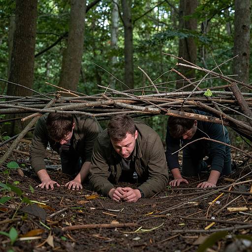 Photograph of two men in dark green jackets crawling under a pile of branches in a dense, green forest, hands digging into the dark soil.