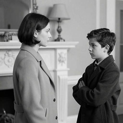 Black and White Portrait of Woman and Boy in Conversation