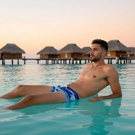 Photograph of a muscular, bearded man with dark hair, wearing blue and white swim trunks, reclining in turquoise water, with thatched