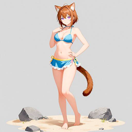 Anime Girl with Cat Ears in Blue Bikini