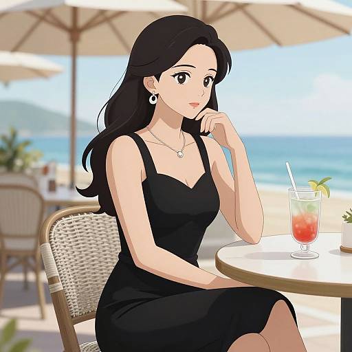 Anime-style drawing of a black-haired woman in a black dress, sitting at a beachside table, sipping a red drink with a lemon slice.
