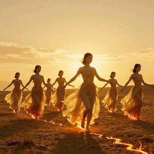 Photograph of eight women in flowing, translucent dresses dancing in a fiery, golden sunset on a grassy field, silhouetted against the glowing