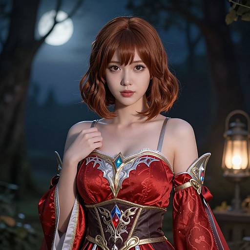 Digital artwork of an anime-style young woman with brown hair, wearing a red and gold fantasy dress, standing in a moonlit forest, holding her strap