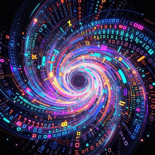 Vibrant digital spiral vortex with colorful neon lights, binary code, and glowing numbers against a dark background, creating a cosmic, cybernetic effect