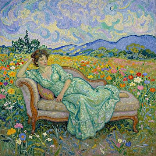 Woman in Green Gown on Vintage Chaise