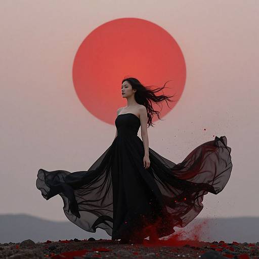 Photograph of a woman with long black hair in a flowing black dress, standing against a red sun in a twilight sky, with red rose petals on