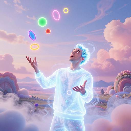 Photorealistic CGI of a glowing, blue-haired man in a white, luminescent robe, juggling colorful rings in a whimsical, past