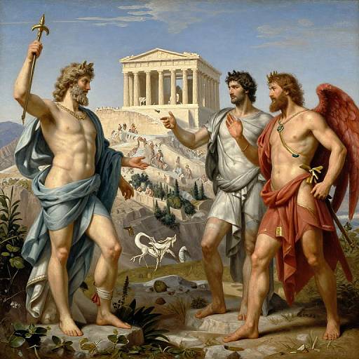 Classical painting of three muscular, bearded men with diverse physiques and red, brown, and dark hair, standing in front of a grand temple