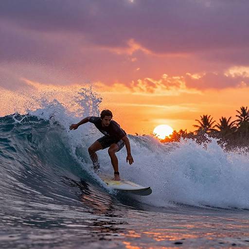 Surfers Riding Massive Waves at Sunset