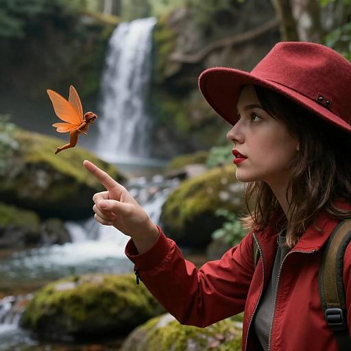 Woman Interacting with Orange Fairy in Forest