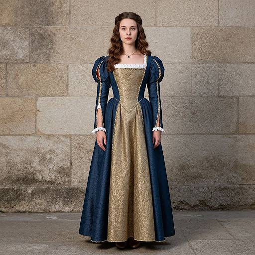 Photograph of a young woman with long brown hair in a Renaissance-style navy blue and gold dress with puffed sleeves, standing against a stone wall.