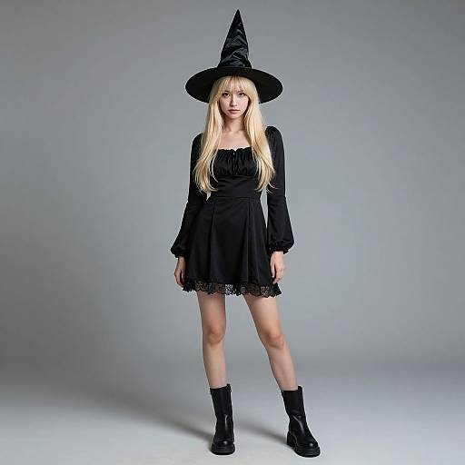 Photograph of a blonde woman in a black witch outfit, long sleeves, lace-trimmed dress, black boots, and pointed hat, standing against