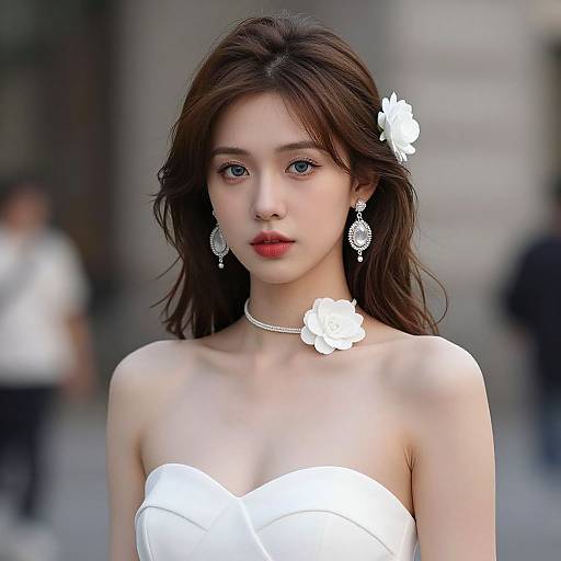 Photograph of a young Asian woman with fair skin, dark brown hair, and red lipstick, wearing a white strapless dress, white flower hairpiece