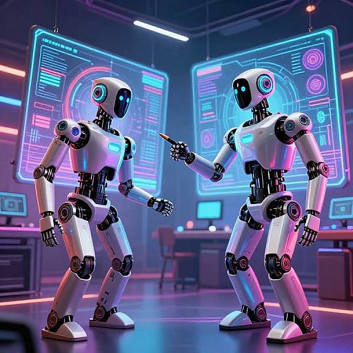 Photograph of two white, glowing neon robots in a futuristic lab, pointing at each other in front of neon blue and pink holographic screens.