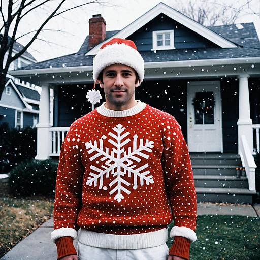 Photograph of a smiling man in a red Santa sweater with white snowflake pattern, white pants, and Santa hat, standing in front of a snow