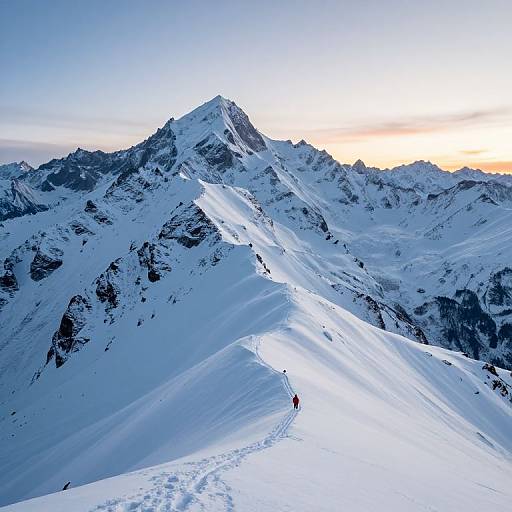 Photograph of a snow-covered mountain peak at sunrise, with a lone hiker in red standing on a winding snow path.