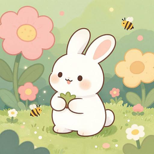 Cute digital drawing of a white, chubby bunny with pink ears, holding a green leaf, surrounded by pink, yellow flowers, and buzzing bees in