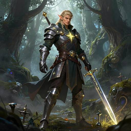 Digital fantasy artwork of a blonde, elven warrior in black, ornate armor with a glowing star on chest, standing in a mystical forest, holding