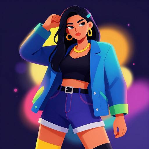 Digital illustration of a confident woman with long black hair, wearing a blue jacket, black crop top, high-waisted shorts, yellow necklace, and