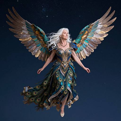 Digital artwork of a white-haired angel with large, colorful peacock-feathered wings, wearing an ornate blue and gold dress, floating against a