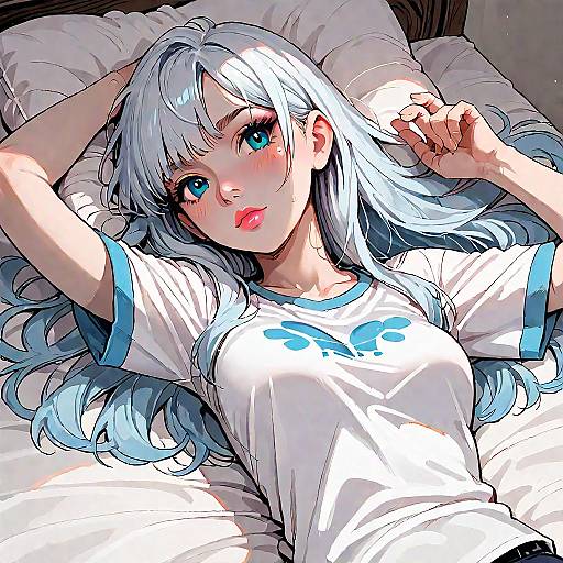 Digital anime-style drawing of a blushing girl with long, white hair, blue eyes, and fair skin, lying on a bed, wearing a white