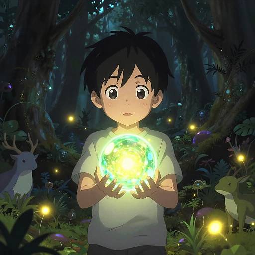 Anime-style drawing of a surprised boy with black hair in a dark forest, holding a glowing, ethereal light in his hands. Fireflies and deer
