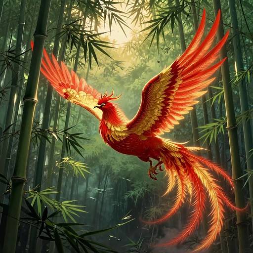 Digital illustration of a vibrant, red and orange phoenix with outstretched wings soaring through a dense, green bamboo forest illuminated by sunlight.