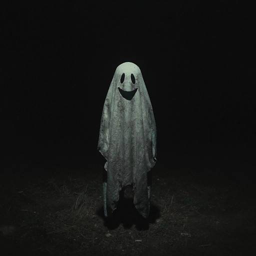 Photograph of a ghost with a white, tattered sheet, black hollow eyes, and a simple smile, standing against a dark, black background.