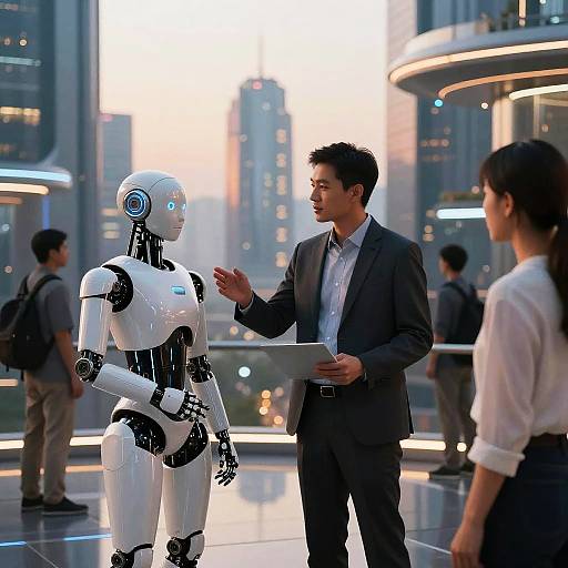 Photograph of a futuristic cityscape: a male businessman in a suit talks to a white, humanoid robot with blue eyes, while a woman in a