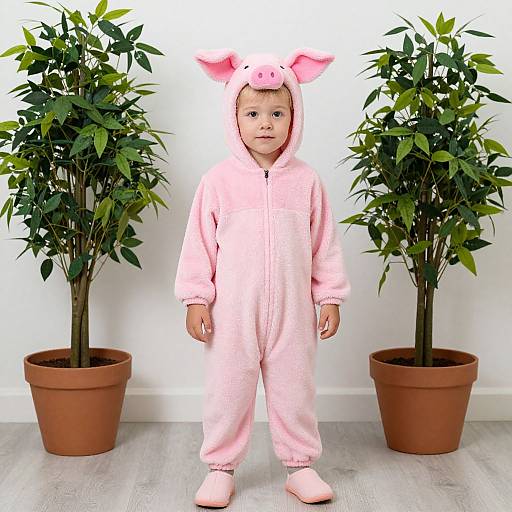 Photograph of a young child in a pink pig costume with ears, standing between two potted plants against a white wall.