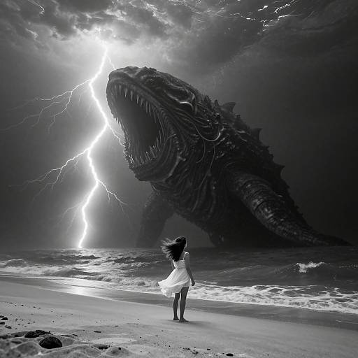 Monochrome digital art: Small girl in flowing dress faces massive, roaring sea monster with lightning bolt in stormy sky on beach.